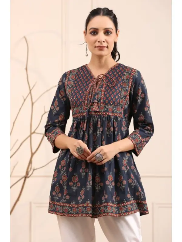 Blue Rust Floral A-Line Kurti