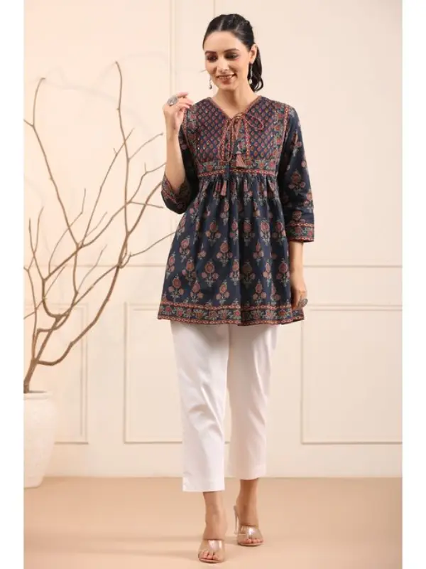 MG_165_4 Blue Rust Floral A-Line Kurti