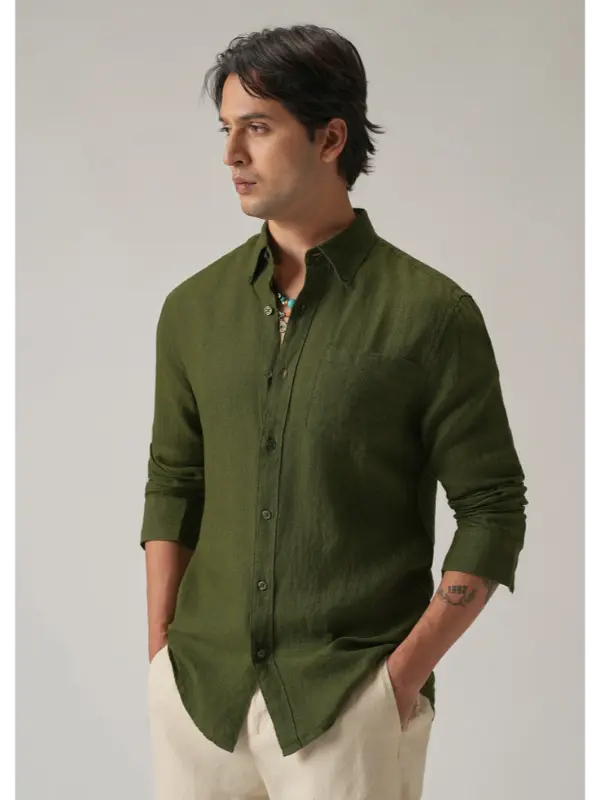 Olive Pure Linen Slim Shirt