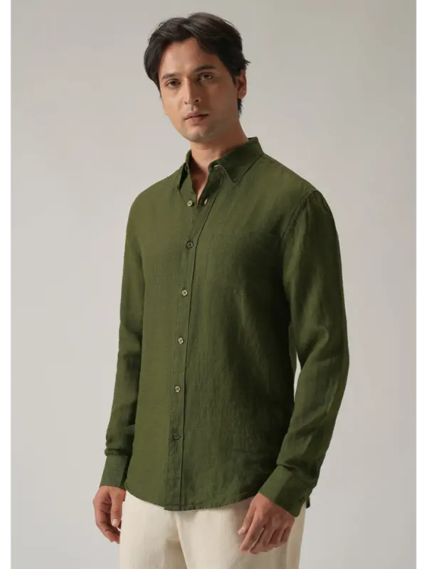 Olive Pure Linen Slim Shirt