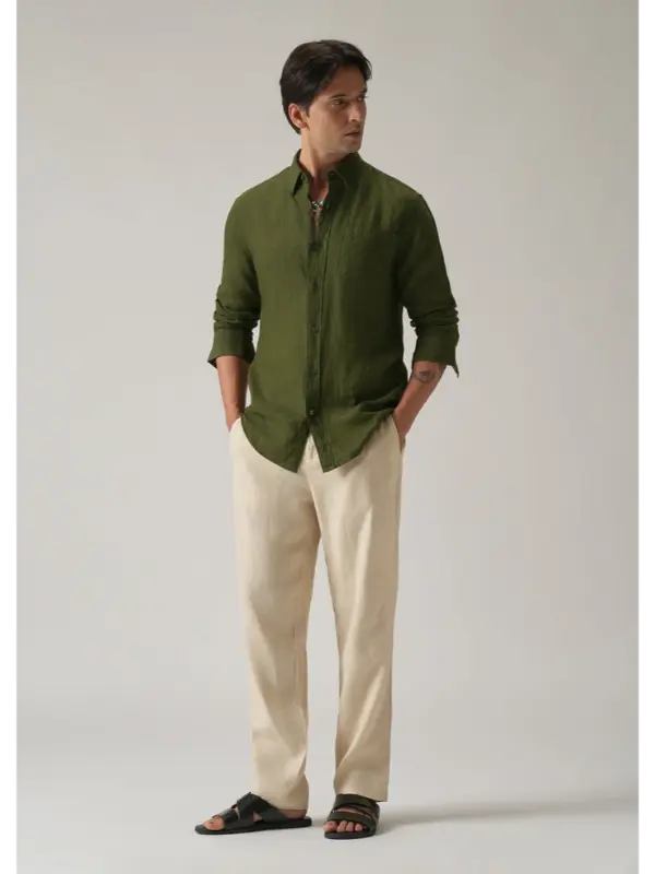 Olive Pure Linen Slim Shirt