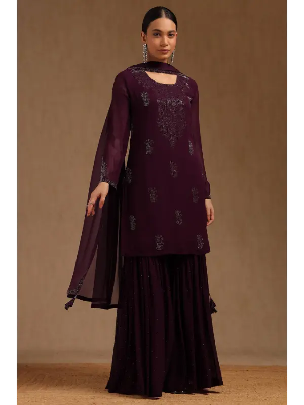 Royal Wine Embellished Sharara Set