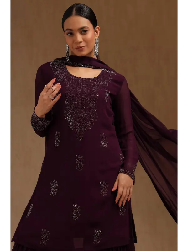 Royal Wine Embellished Sharara Set