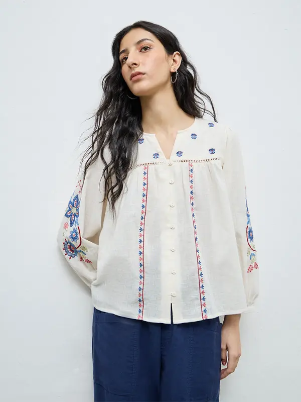 Ivory Meadow Embroidered Cotton Blouse